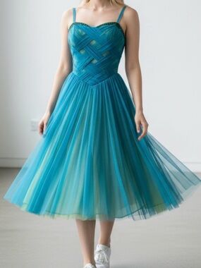 ROBERTA BRIDAL - 50’s Teal SWING Pleated Dress 👗